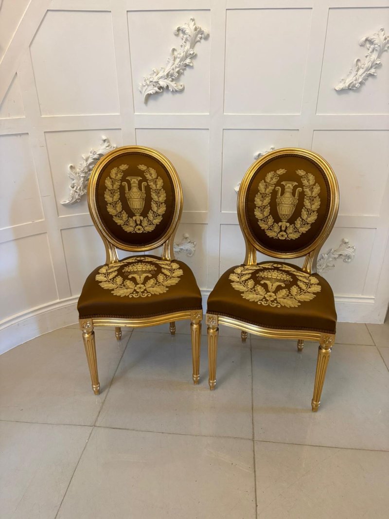 Large Rare Suite of 42 Matching Louis XVI Style Giltwood Dining Chairs with Silk Damask Upholstery - Image 13